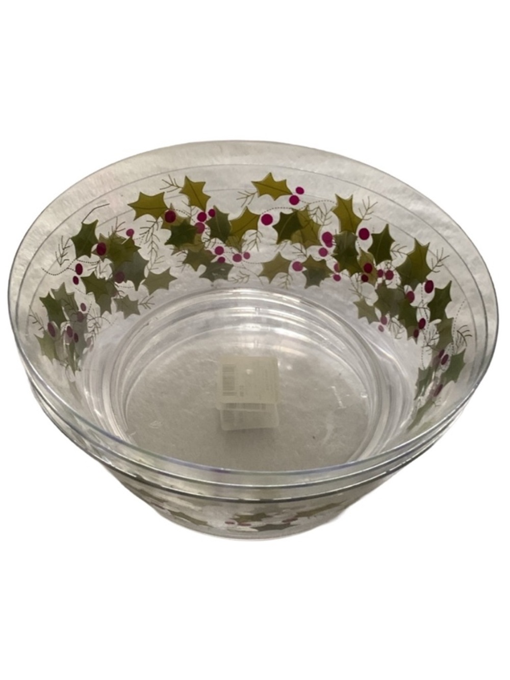 (3) Holiday Plastic Nesting Bowls 10” around x 4.5” high with Holly. Cle…